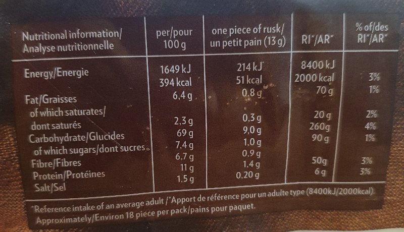 Foto da tabela nutricional