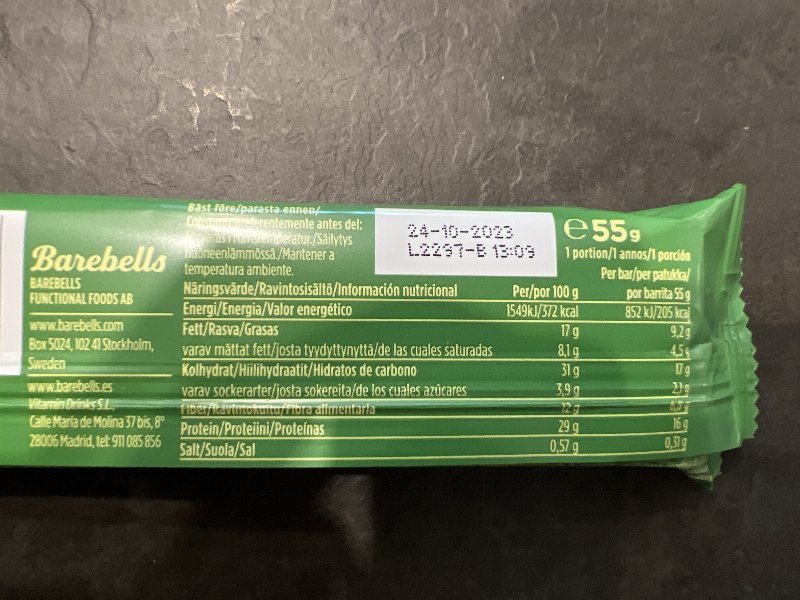 Foto da tabela nutricional