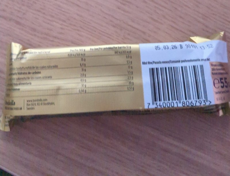 Foto da tabela nutricional