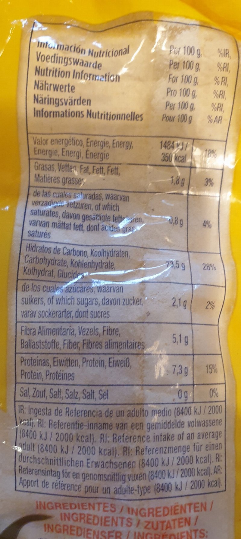 Foto da tabela nutricional