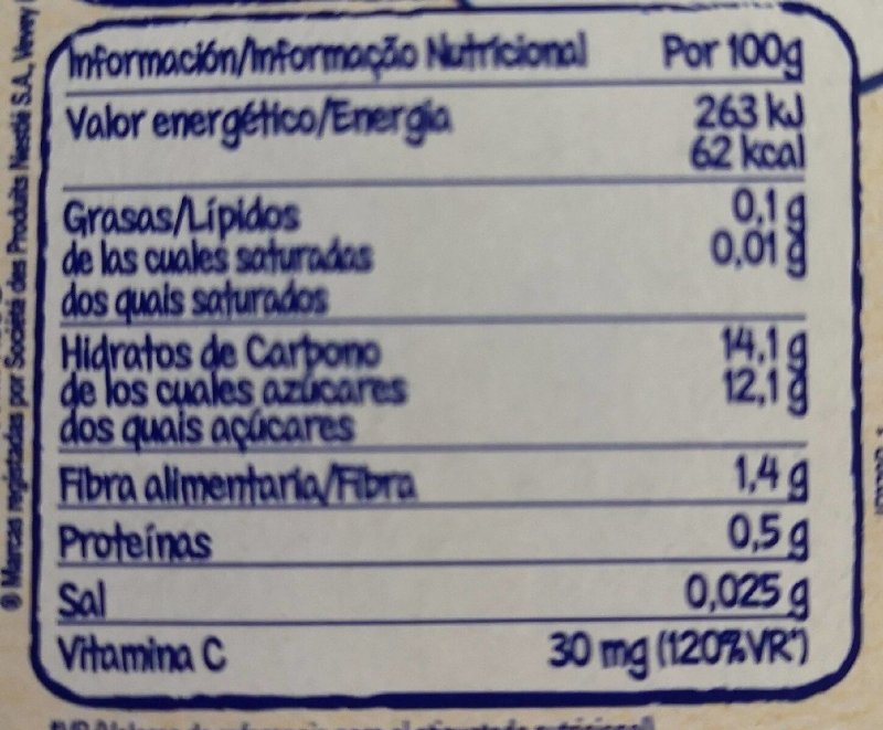 Foto da tabela nutricional