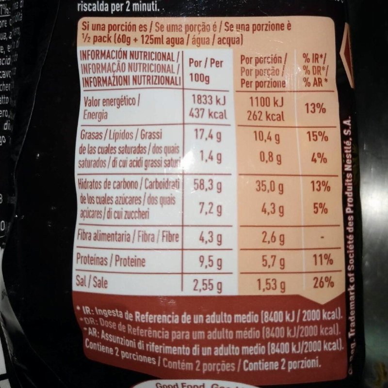 Foto da tabela nutricional
