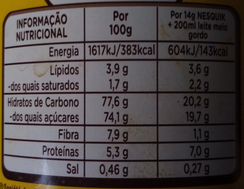 Foto da tabela nutricional