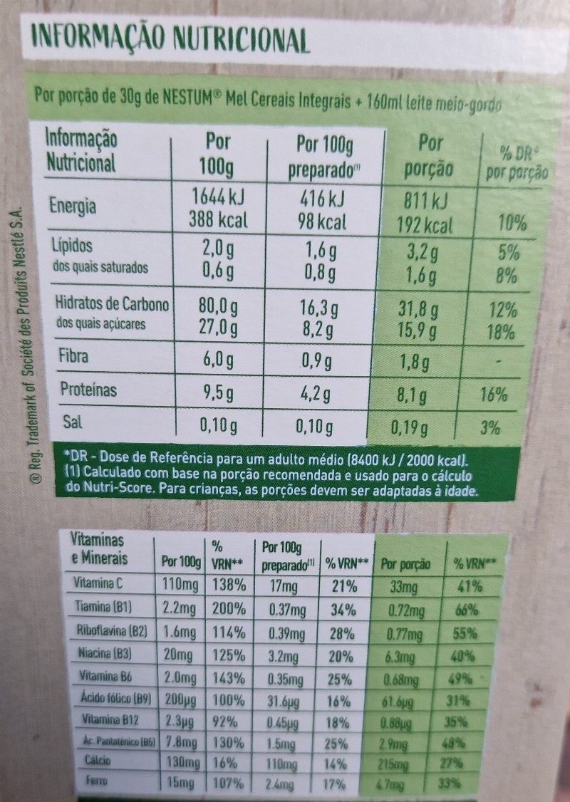 Foto da tabela nutricional