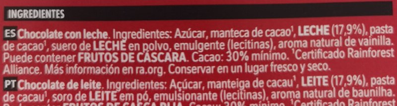 Foto da lista de ingredientes