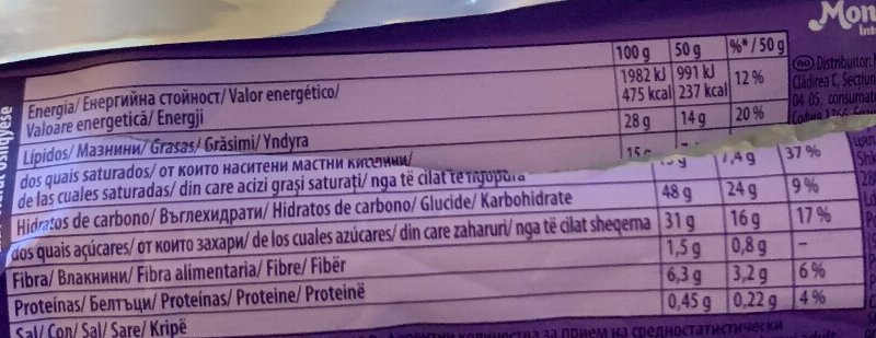 Foto da tabela nutricional