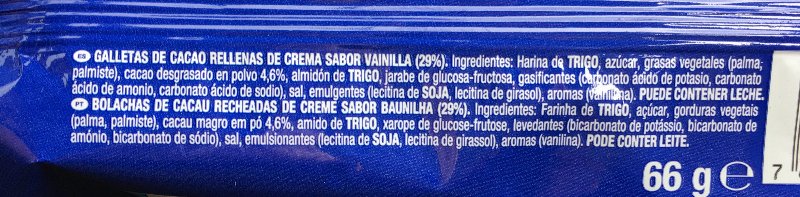 Foto da lista de ingredientes