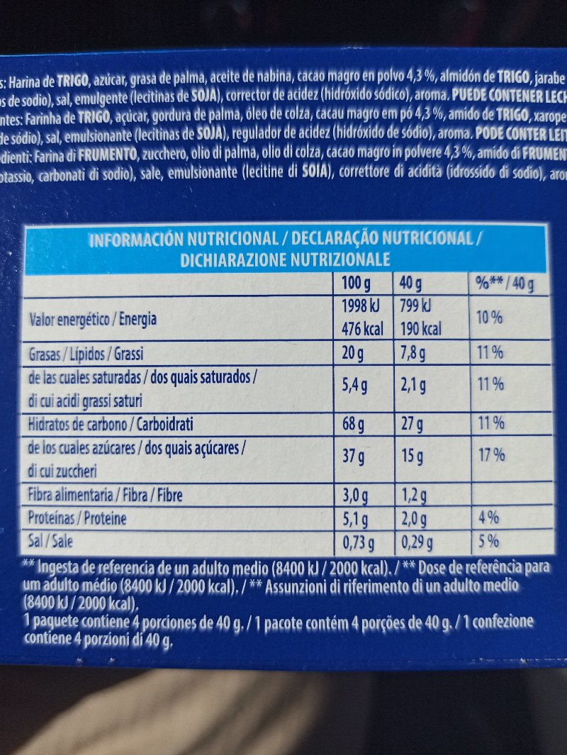 Foto da tabela nutricional