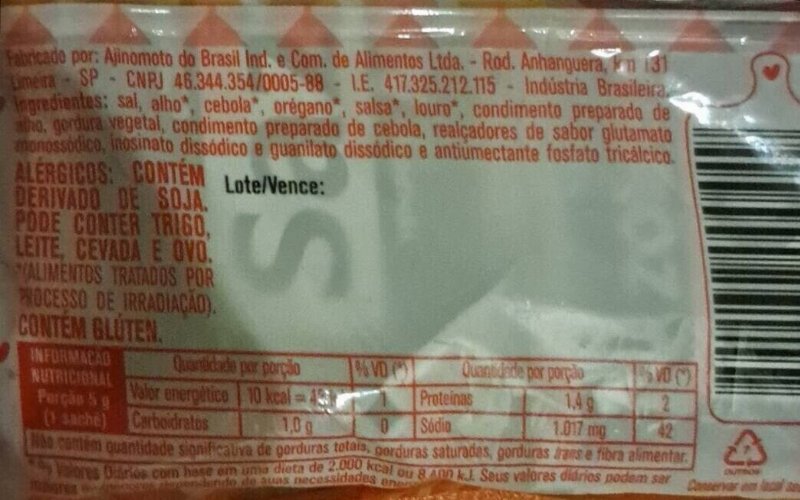 Foto da tabela nutricional