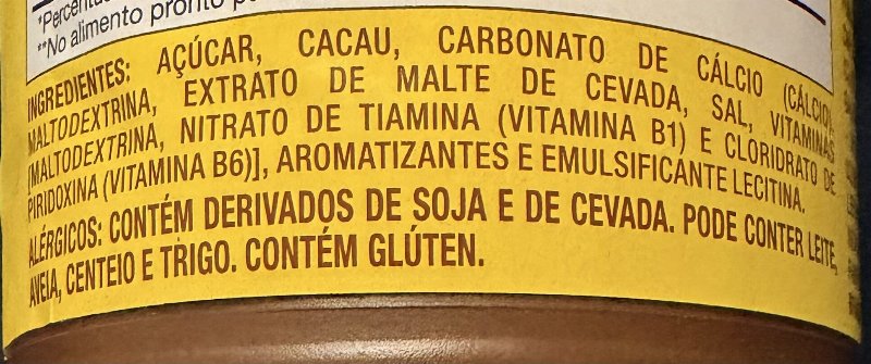 Foto da lista de ingredientes