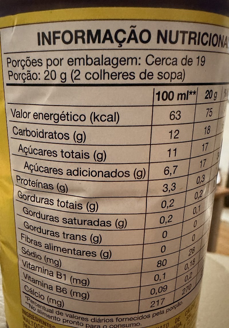 Foto da tabela nutricional