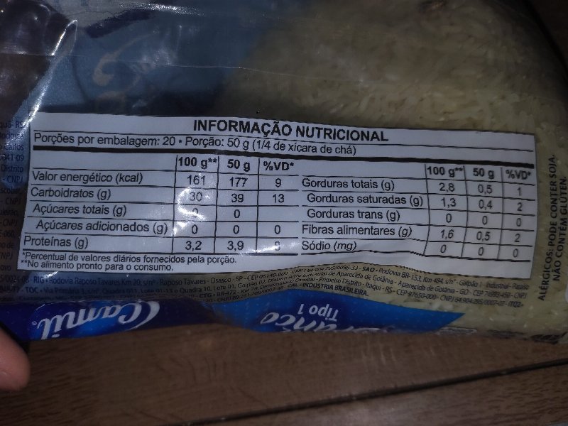 Foto da tabela nutricional