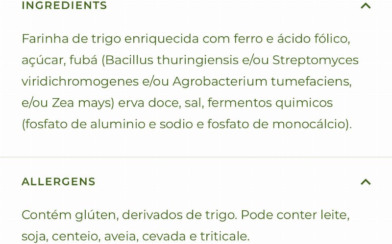 Foto da lista de ingredientes