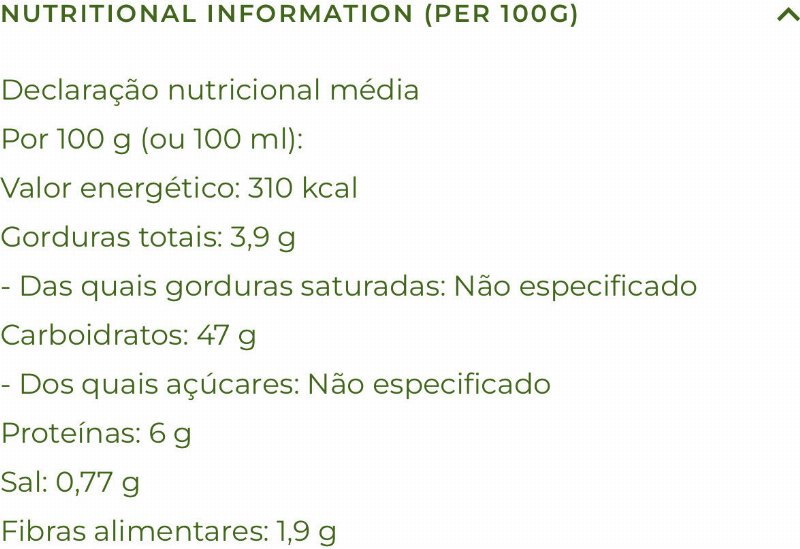 Foto da tabela nutricional