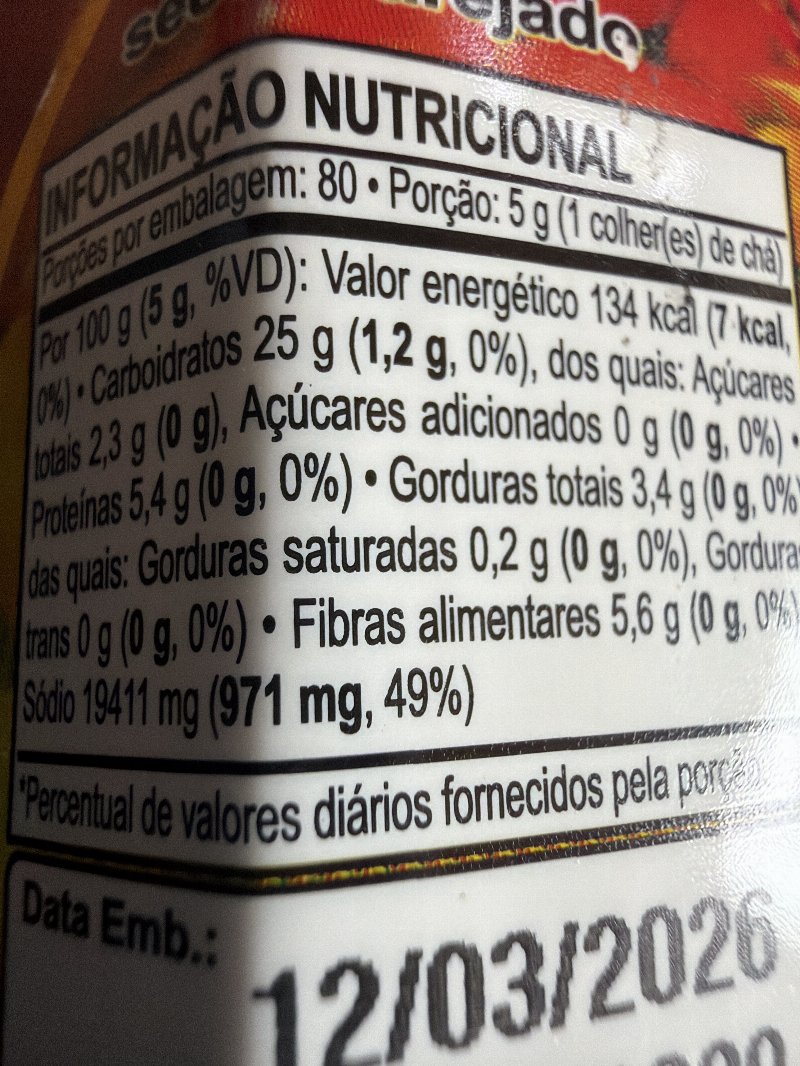 Foto da tabela nutricional
