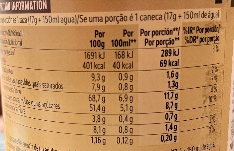 Foto da tabela nutricional