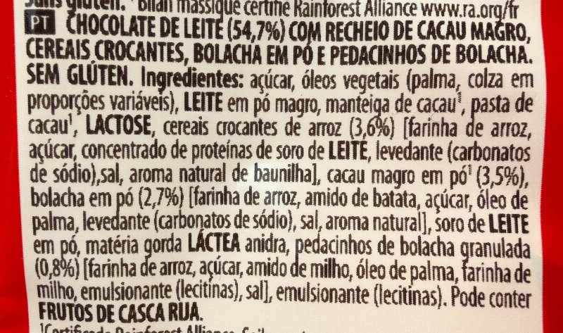 Foto da lista de ingredientes