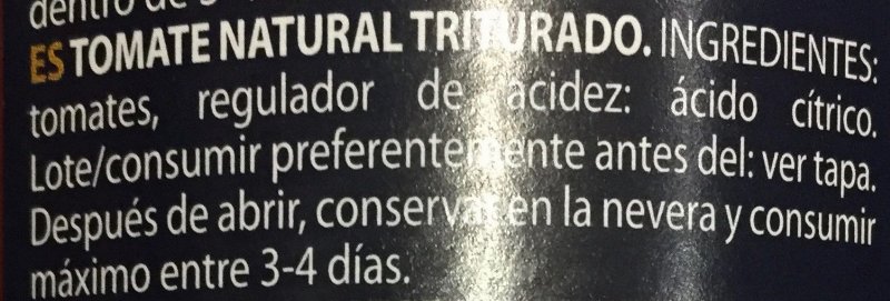 Foto da lista de ingredientes