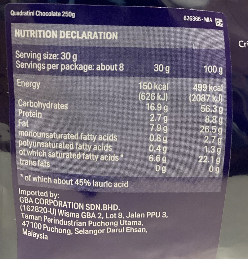 Foto da tabela nutricional