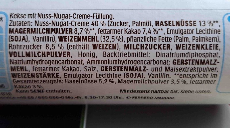 Foto da lista de ingredientes