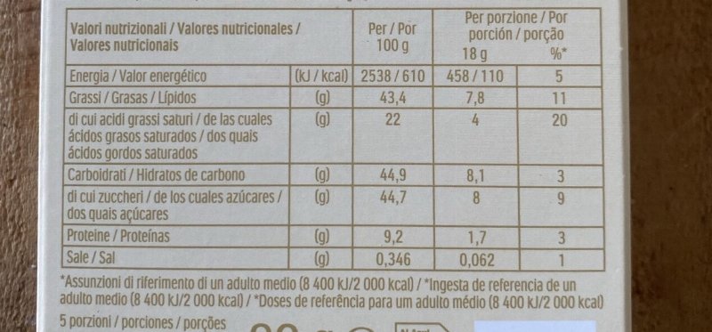 Foto da tabela nutricional
