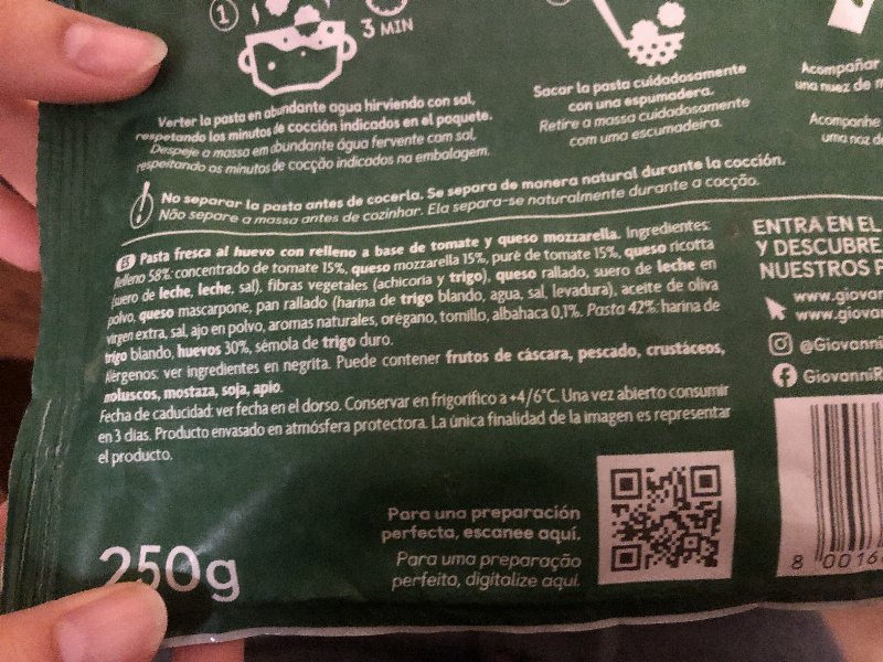 Foto da lista de ingredientes