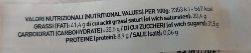 Foto da tabela nutricional