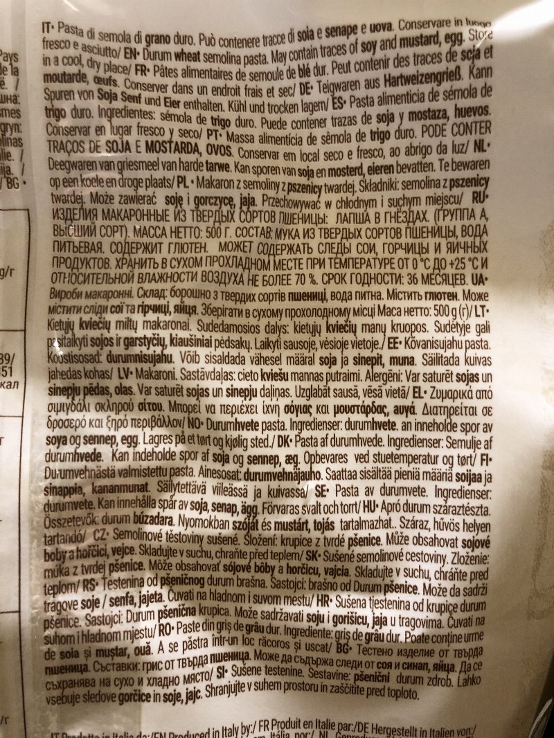 Foto da lista de ingredientes