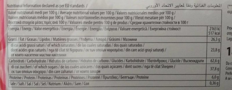 Foto da tabela nutricional