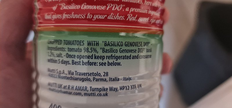 Foto da lista de ingredientes