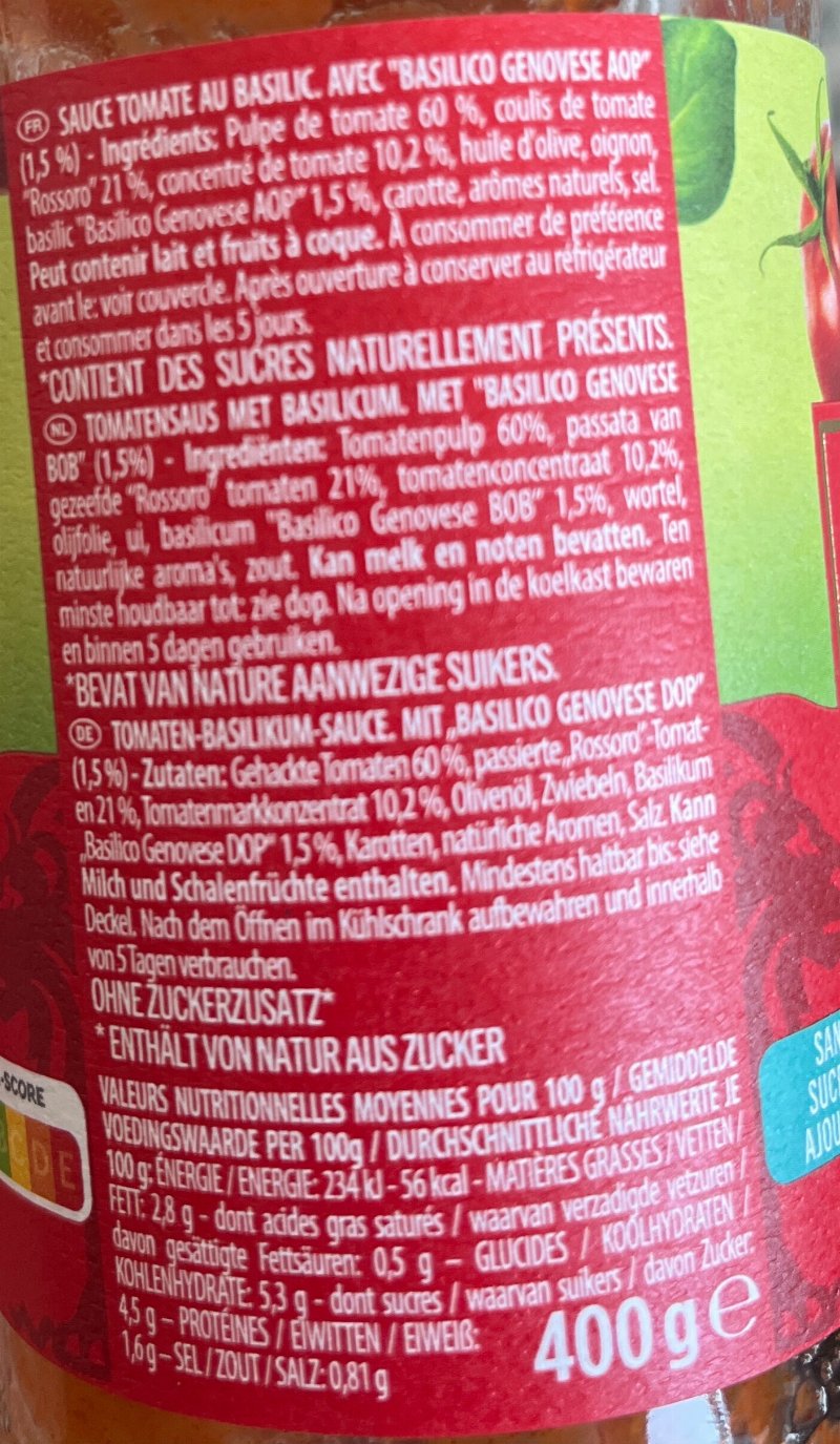 Foto da lista de ingredientes