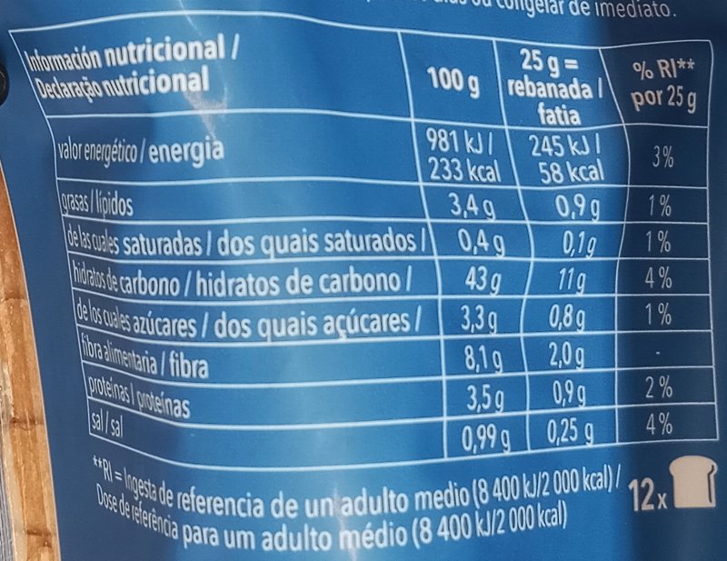 Foto da tabela nutricional