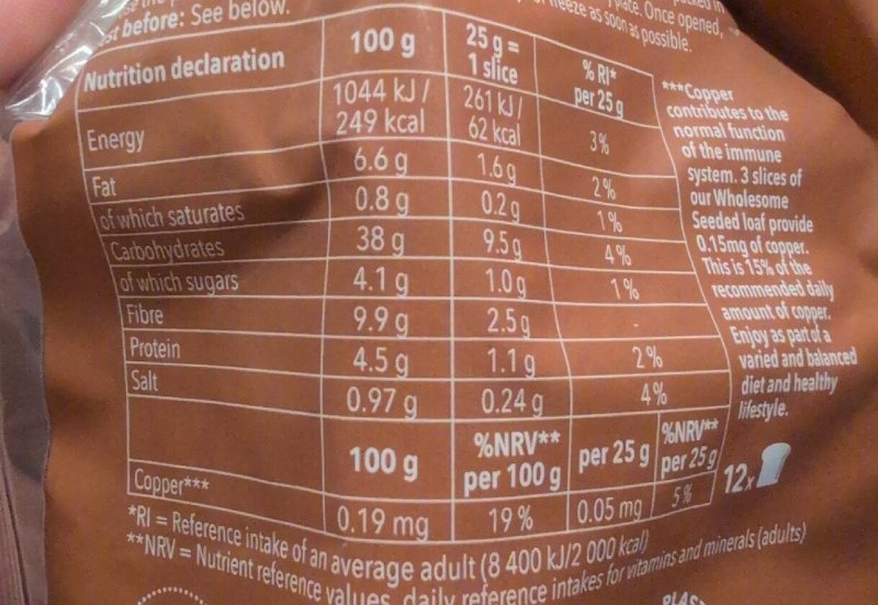 Foto da tabela nutricional