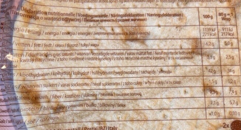 Foto da tabela nutricional