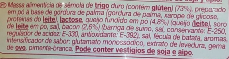 Foto da lista de ingredientes