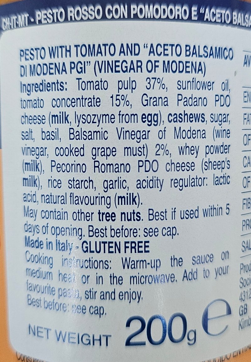 Foto da lista de ingredientes