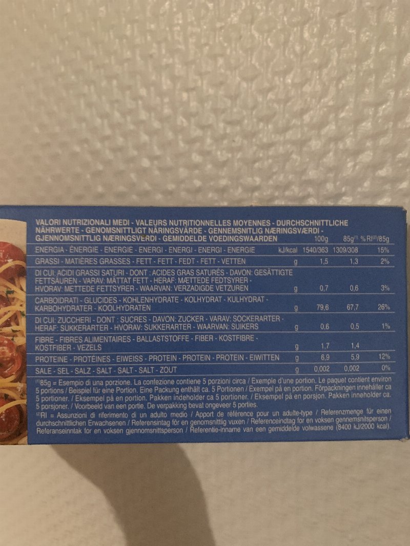 Foto da tabela nutricional