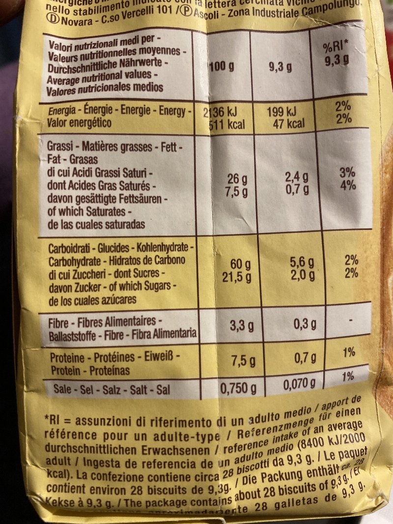 Foto da tabela nutricional