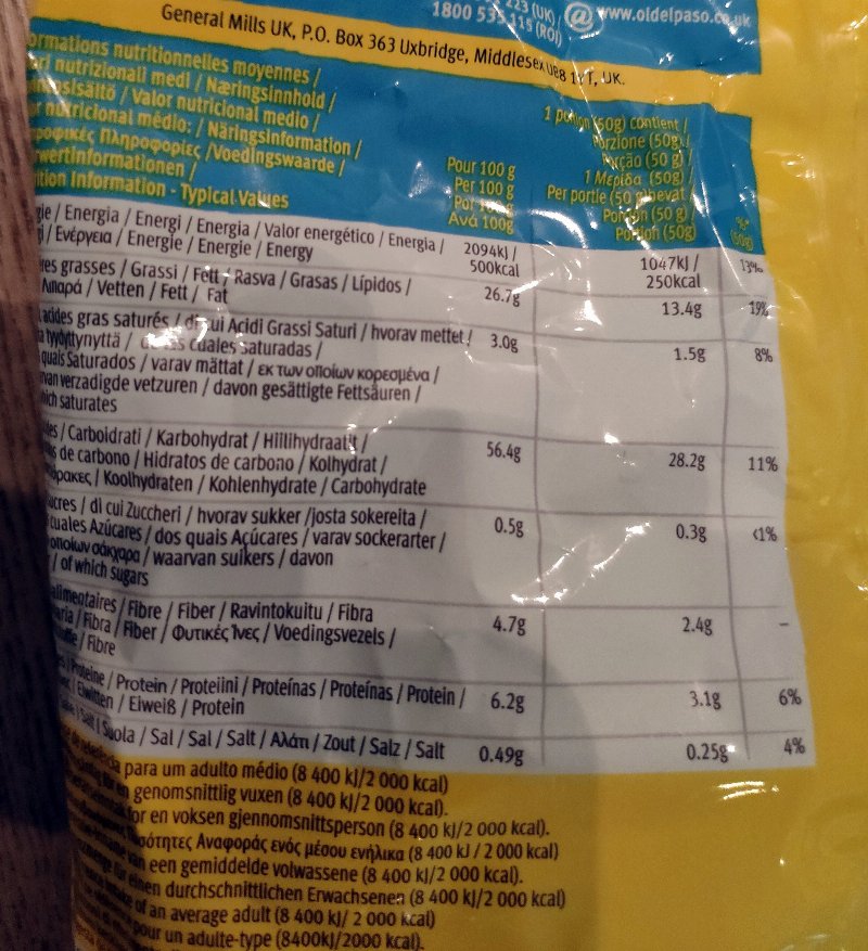 Foto da tabela nutricional