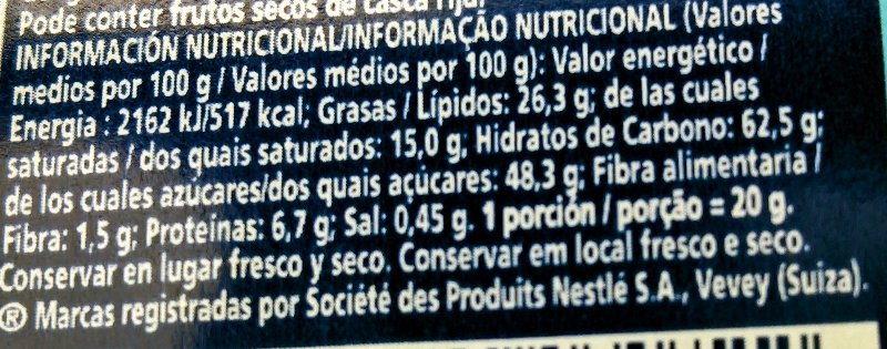 Foto da tabela nutricional
