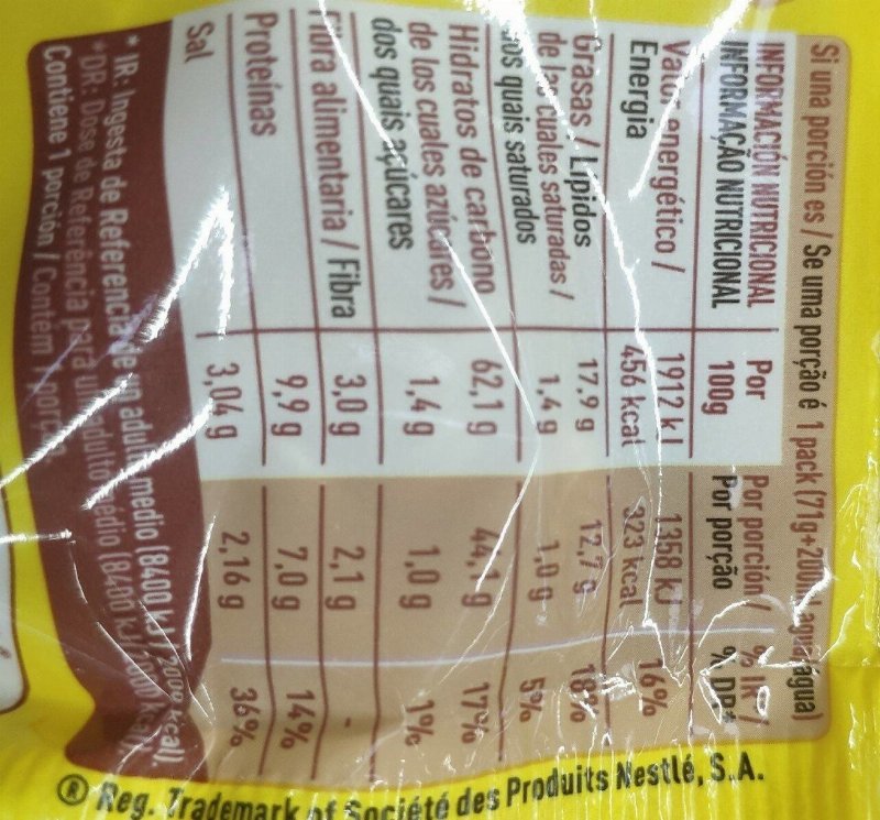 Foto da tabela nutricional