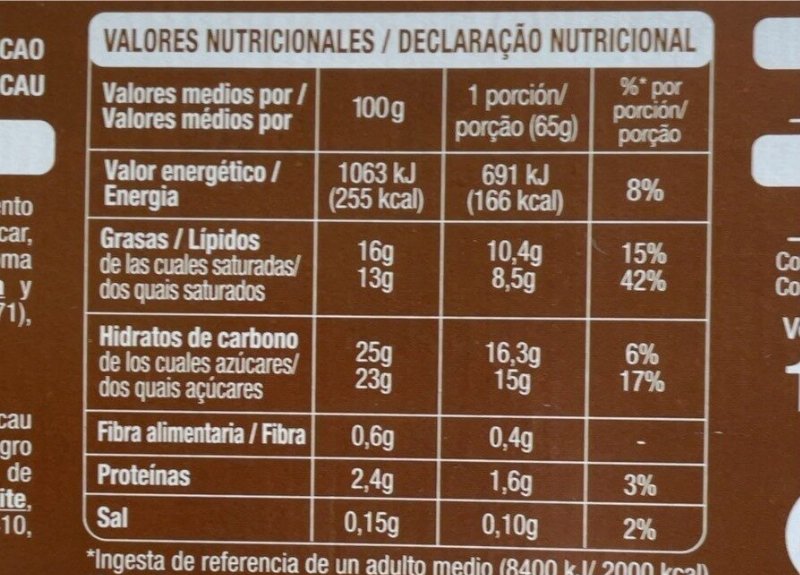 Foto da tabela nutricional