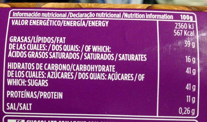 Foto da tabela nutricional
