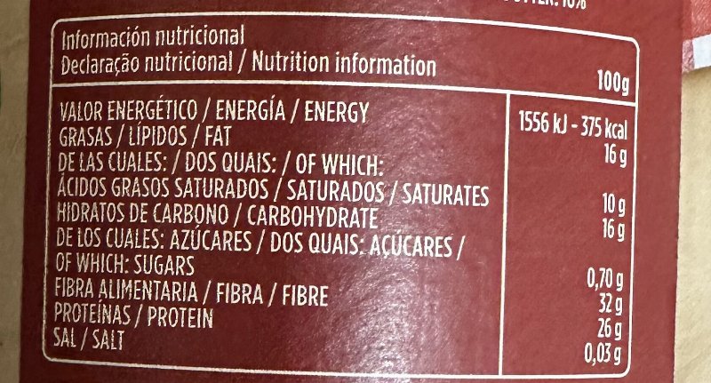 Foto da tabela nutricional