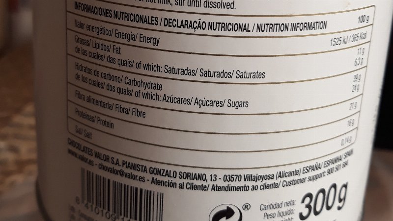 Foto da tabela nutricional