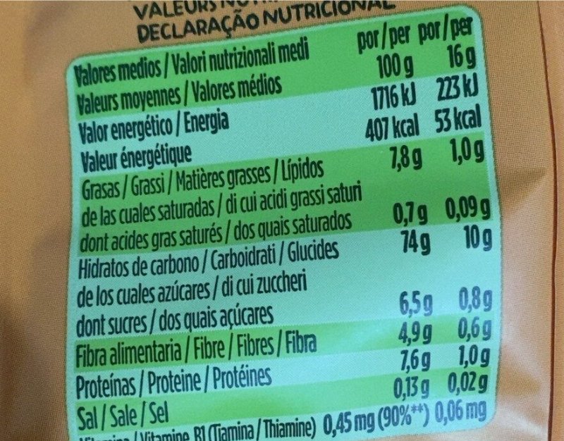 Foto da tabela nutricional