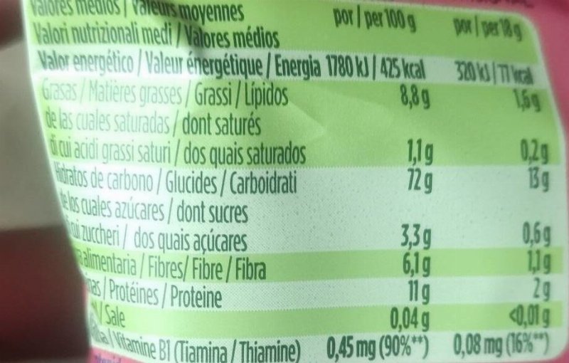 Foto da tabela nutricional