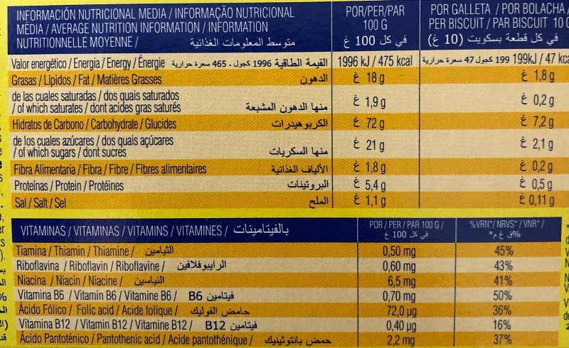 Foto da tabela nutricional