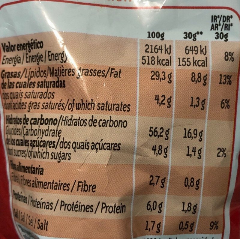 Foto da tabela nutricional