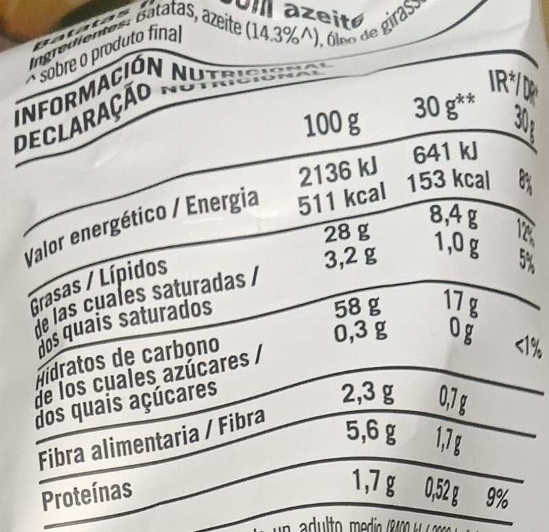 Foto da tabela nutricional
